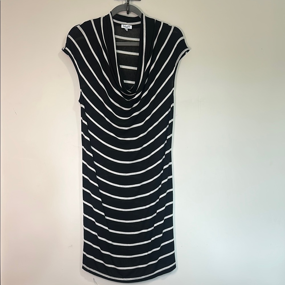 Splendid Black and White Sheer Midi Dress with Cowl Neck
